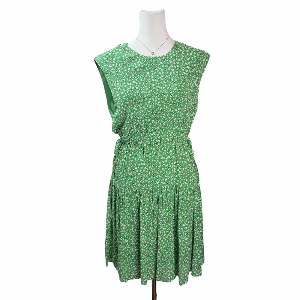 New Joie Green Floral Sleeveless Drawstring Waist Tiered Mini Dress Size XL